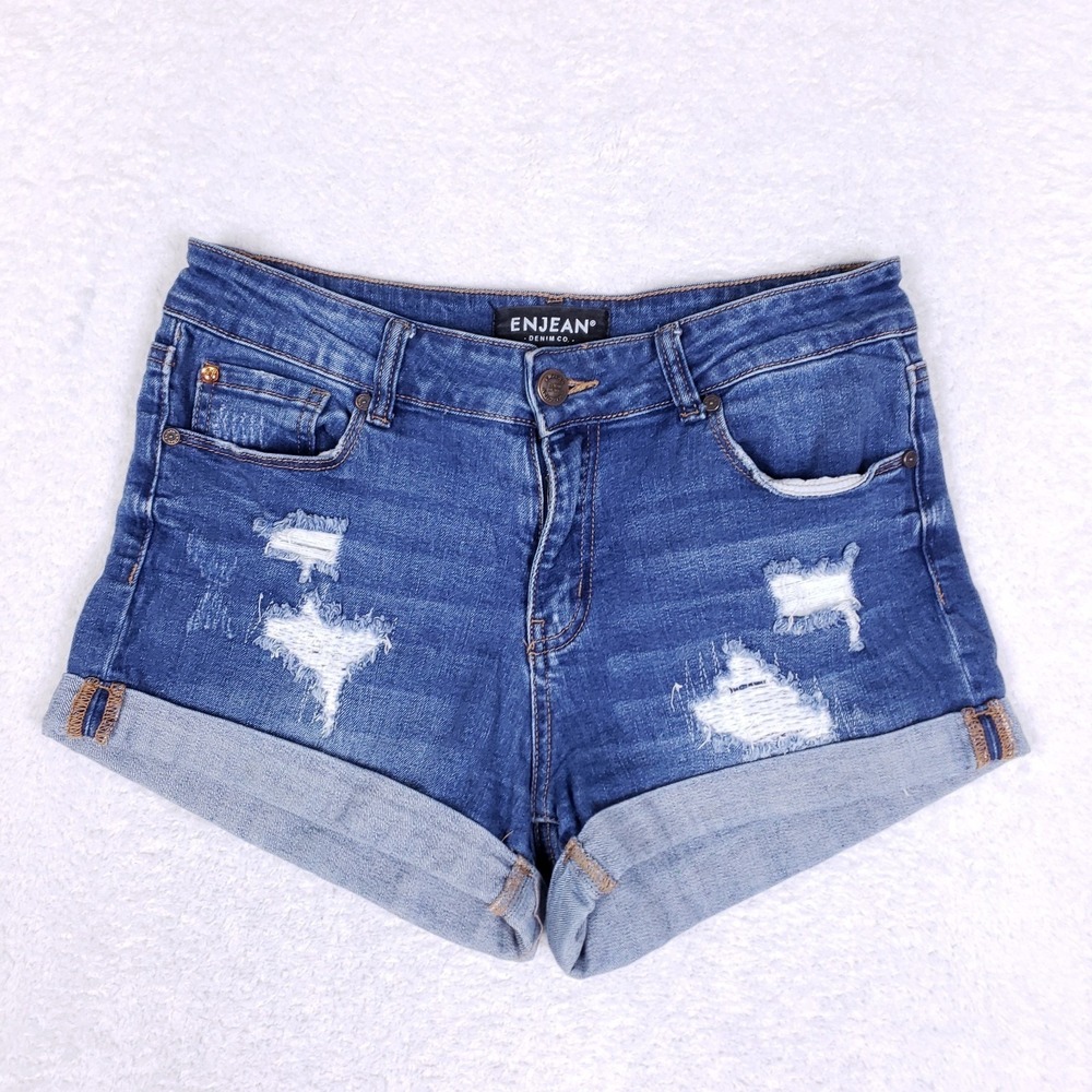 ENJEAN Distressed Denim‎ Shorts Medium Wash Ripped Cuffed Summer Festival Sz M